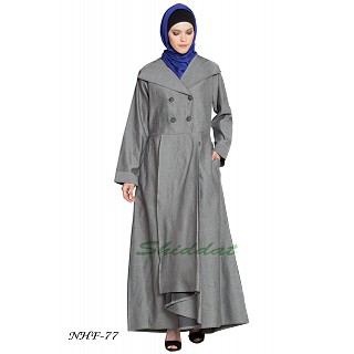 Front open pleated coat abaya- Silver Grey